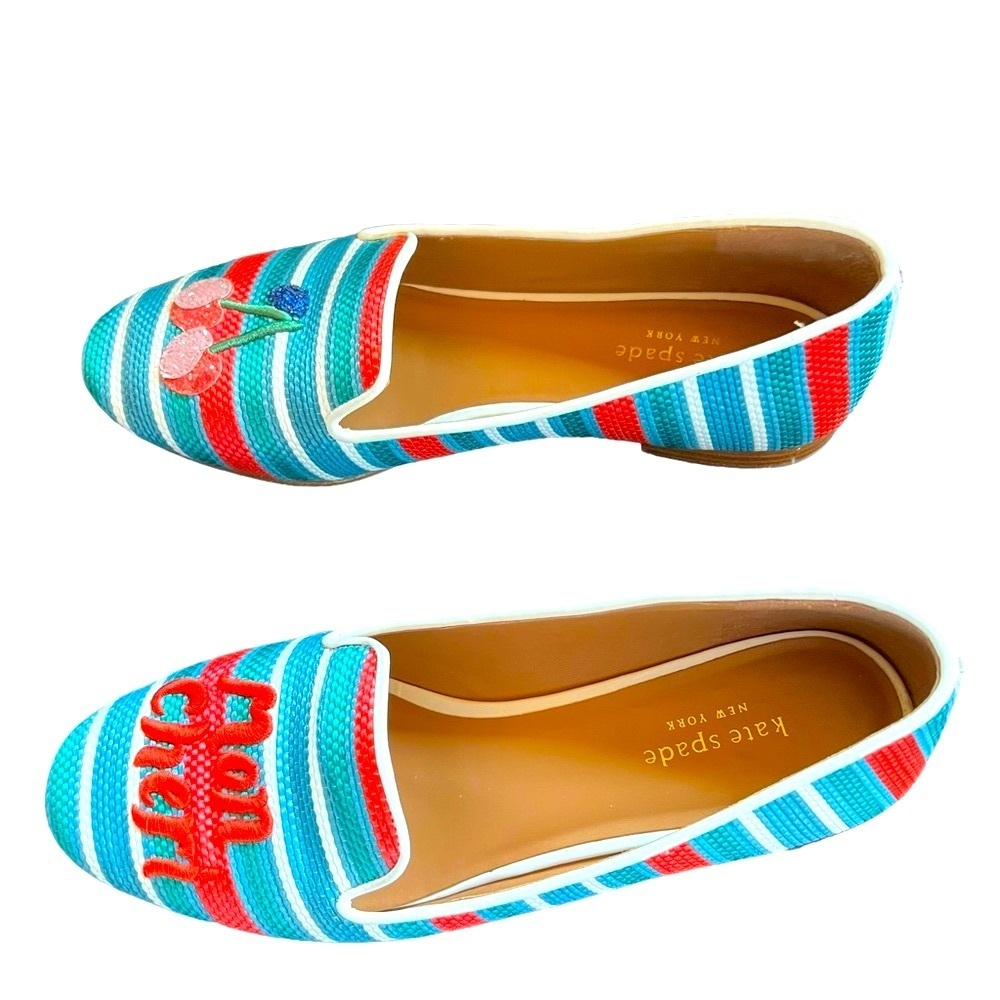 kate spade loafers flats women’s 9B ‘mon cheri’ raffia cherries striped . - Picture 8 of 14